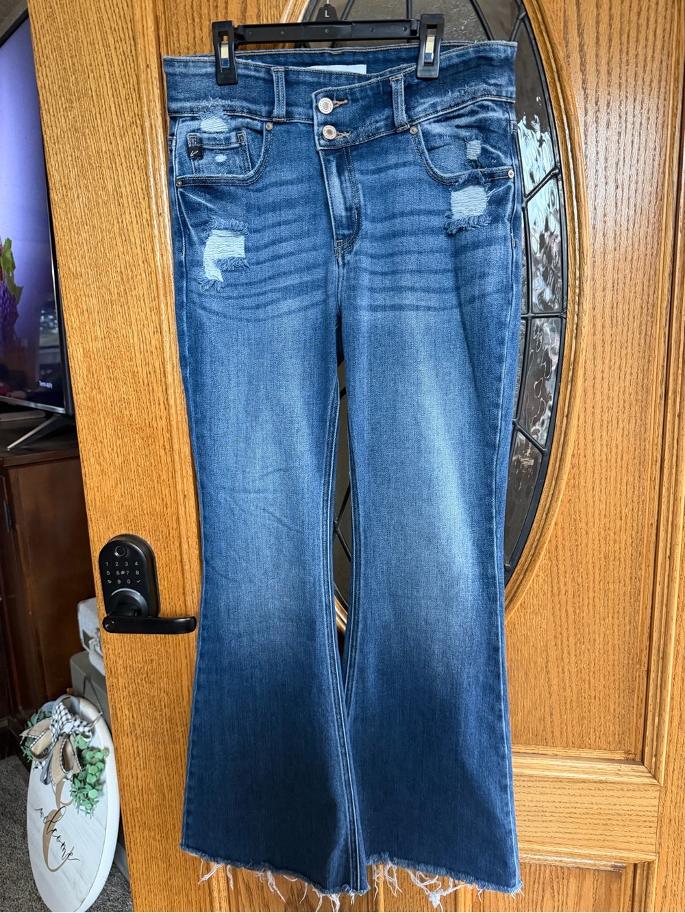 KanCan High-Rise Distressed Flare Jeans in Medium Blue